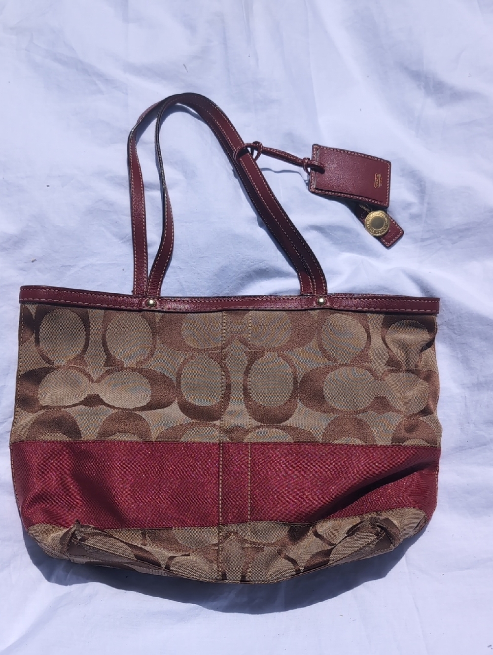 Coach Brown and Burgundy Signature Canvas Tote with Leather Trim